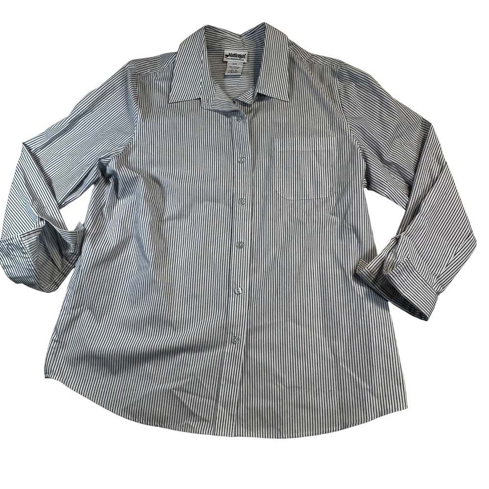 Plus Size Vintage National Women Pinstripe Button Down Shirt Navy‎ White Size 18